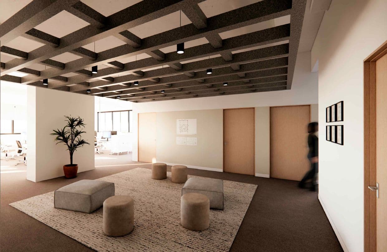 Rendu 3D d’une aire d’accueil de bureaux avec poufs, tapis et plafond à caissons