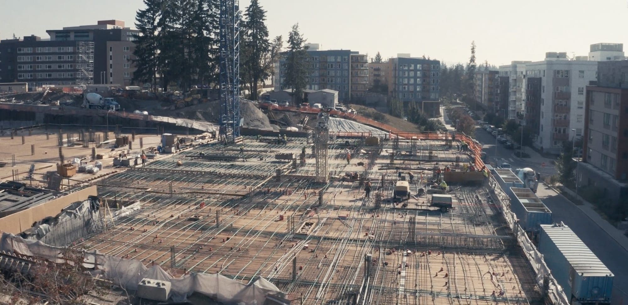 Aerial view of a large construction site in Montréal